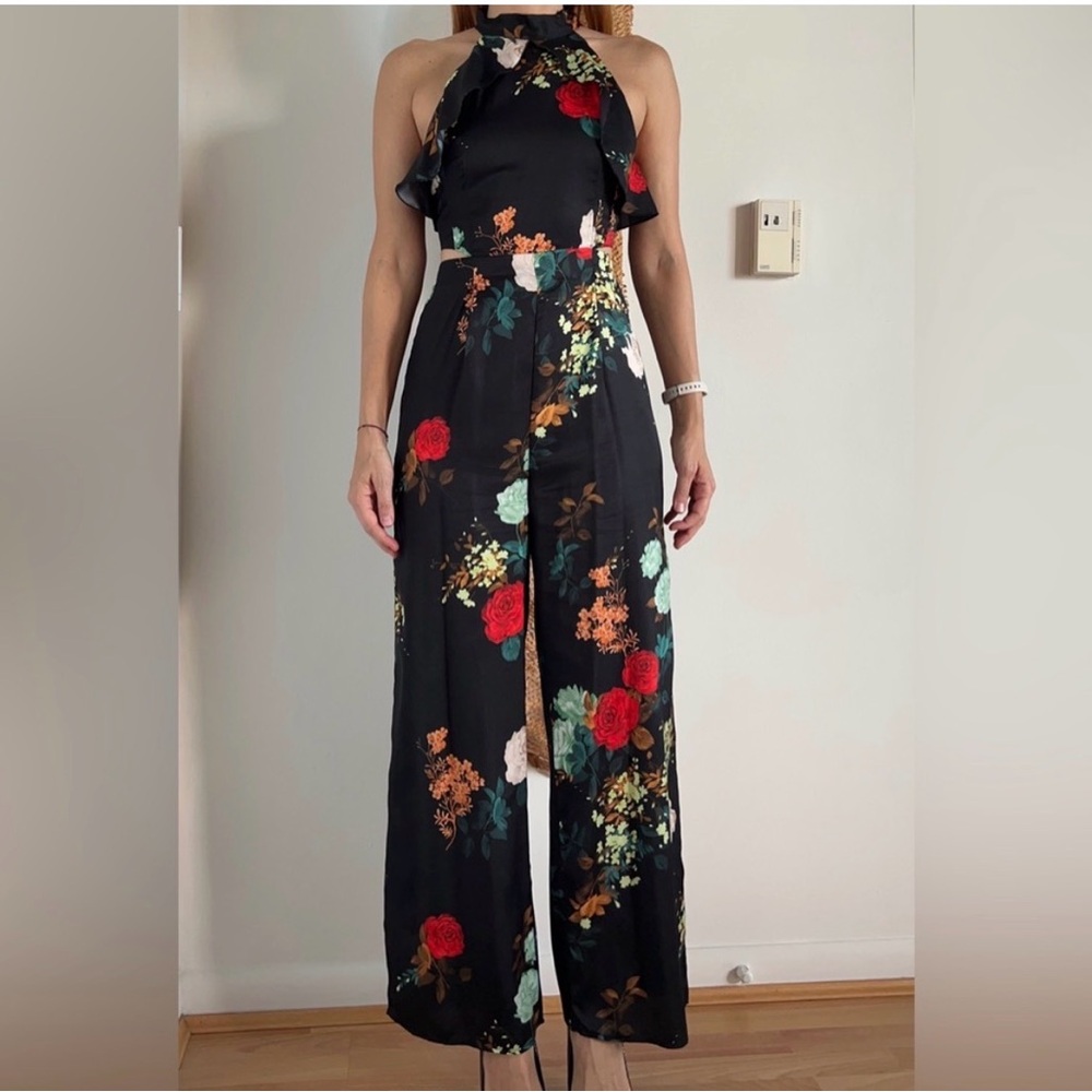 Zara Black Floral Halter Jumpsuit